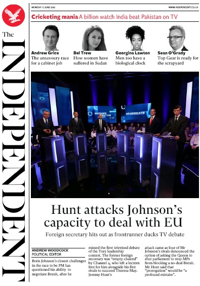 The Independent Newspaper Front Page (UK) for 17 June 2019