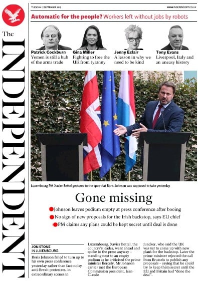 The Independent Newspaper Front Page (UK) for 17 September 2019