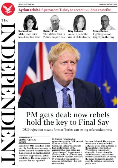 The Independent Newspaper Front Page (UK) for 18 October 2019