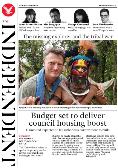 The Independent Newspaper Front Page (UK) for 18 November 2017