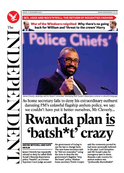 The Independent Newspaper Front Page (UK) for 18 November 2023