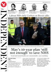 The Independent (UK) Newspaper Front Page for 18 January 2019