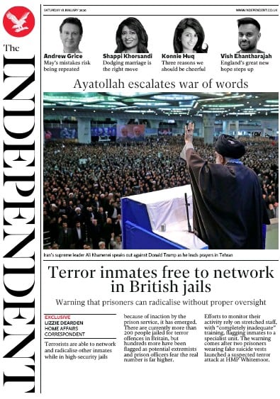 The Independent Newspaper Front Page (UK) for 18 January 2020