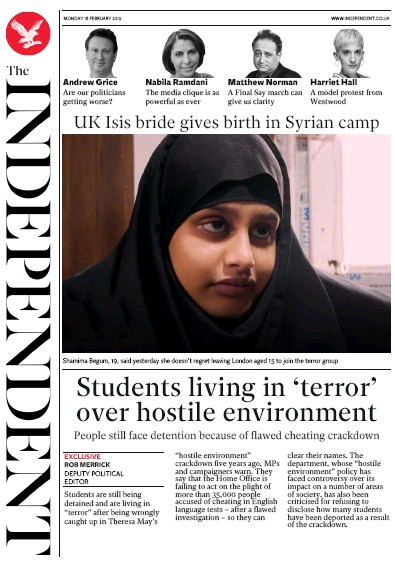 The Independent Newspaper Front Page (UK) for 18 February 2019