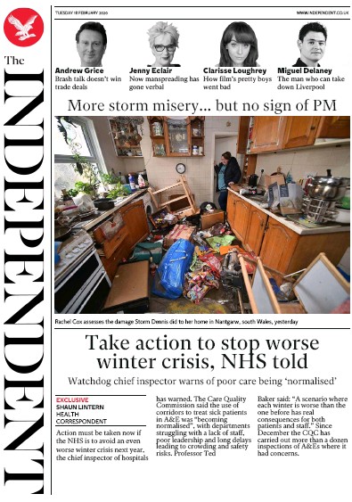 The Independent Newspaper Front Page (UK) for 18 February 2020