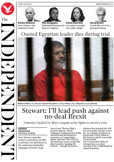 The Independent Newspaper Front Page (UK) for 18 June 2019