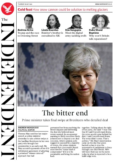 The Independent Newspaper Front Page (UK) for 18 July 2019