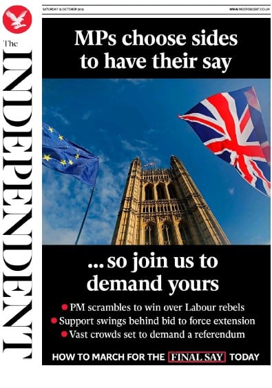 The Independent Newspaper Front Page (UK) for 19 October 2019