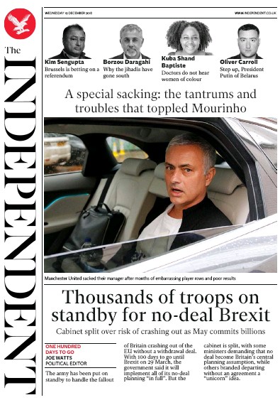 The Independent Newspaper Front Page (UK) for 19 December 2018