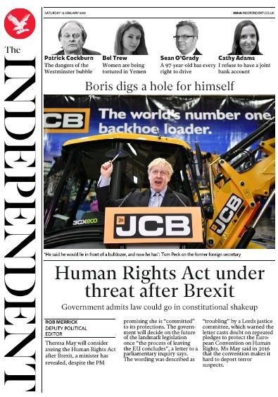 The Independent Newspaper Front Page (UK) for 19 January 2019