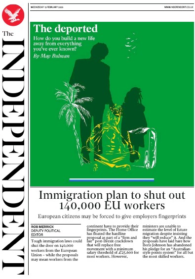 The Independent Newspaper Front Page (UK) for 19 February 2020