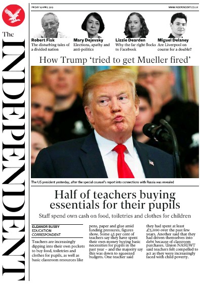 The Independent Newspaper Front Page (UK) for 19 April 2019