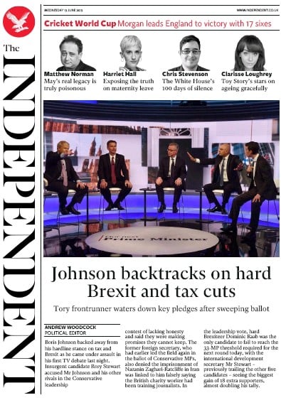 The Independent Newspaper Front Page (UK) for 19 June 2019