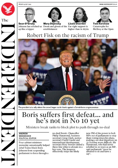 The Independent Newspaper Front Page (UK) for 19 July 2019