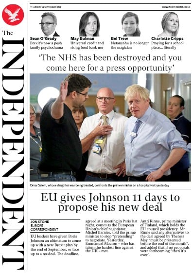 The Independent Newspaper Front Page (UK) for 19 September 2019