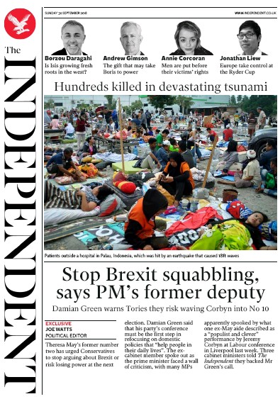 The Independent Newspaper Front Page (UK) for 1 October 2018