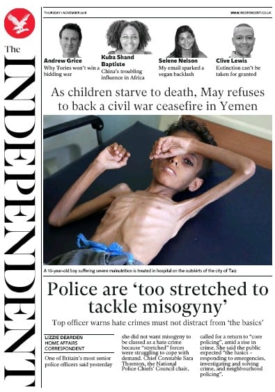 The Independent Newspaper Front Page (UK) for 1 November 2018