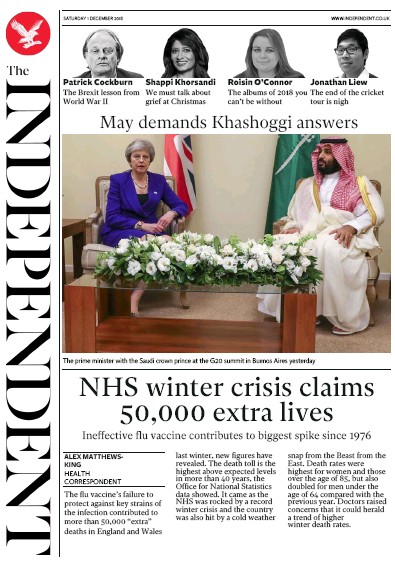 The Independent Newspaper Front Page (UK) for 1 December 2018