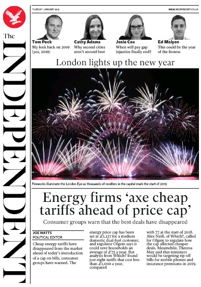 The Independent Newspaper Front Page (UK) for 1 January 2019