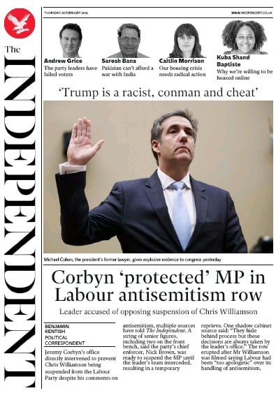 The Independent Newspaper Front Page (UK) for 1 March 2019