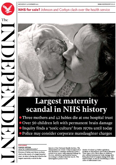 The Independent Newspaper Front Page (UK) for 20 November 2019