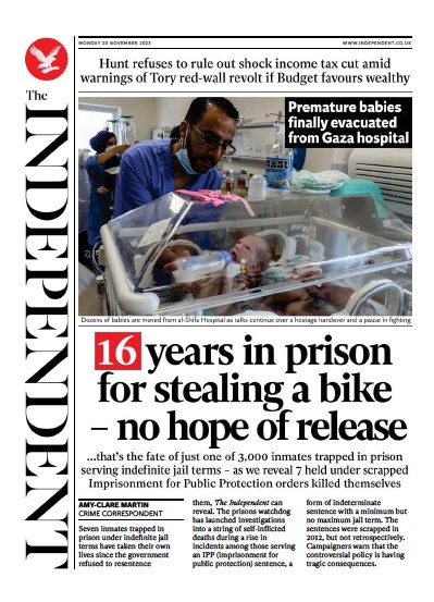 The Independent Newspaper Front Page (UK) for 20 November 2023