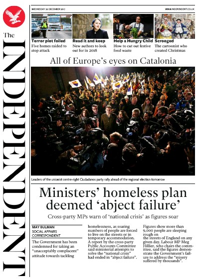 The Independent Newspaper Front Page (UK) for 20 December 2017