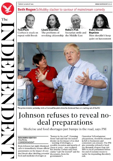 The Independent Newspaper Front Page (UK) for 20 August 2019