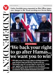 The Independent (UK) Newspaper Front Page for 21 October 2023