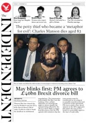 The Independent (UK) Newspaper Front Page for 21 November 2017