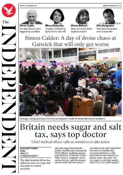 The Independent Newspaper Front Page (UK) for 21 December 2018