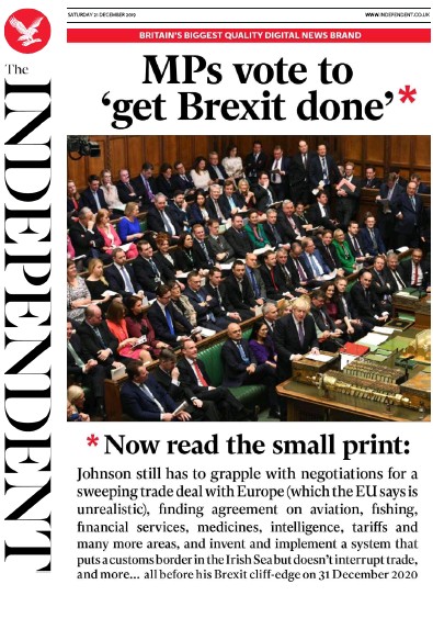 The Independent Newspaper Front Page (UK) for 21 December 2019