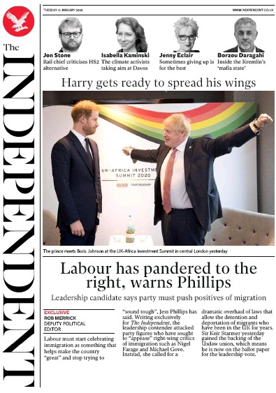The Independent Newspaper Front Page (UK) for 21 January 2020