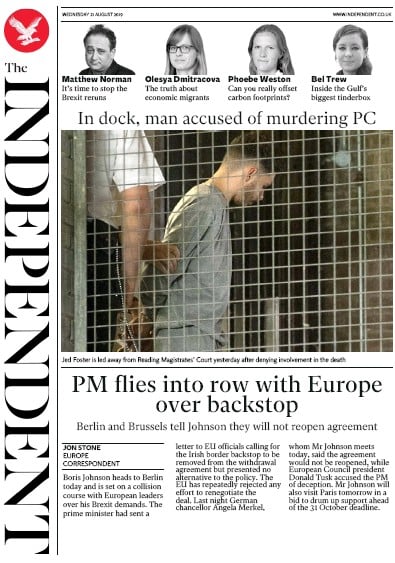 The Independent Newspaper Front Page (UK) for 21 August 2019