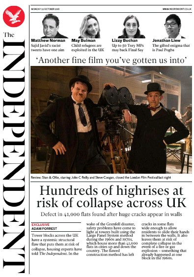 The Independent Newspaper Front Page (UK) for 22 October 2018