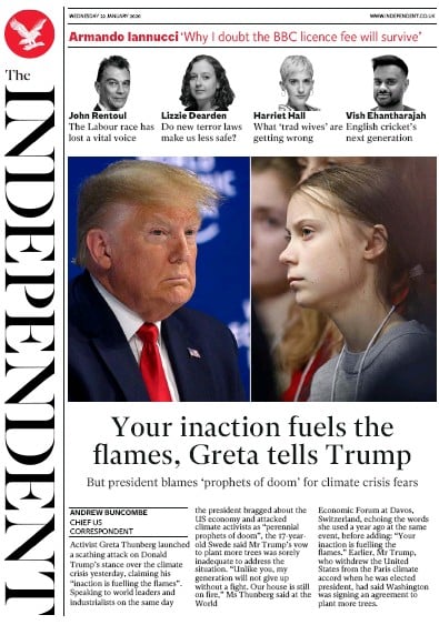The Independent Newspaper Front Page (UK) for 22 January 2020