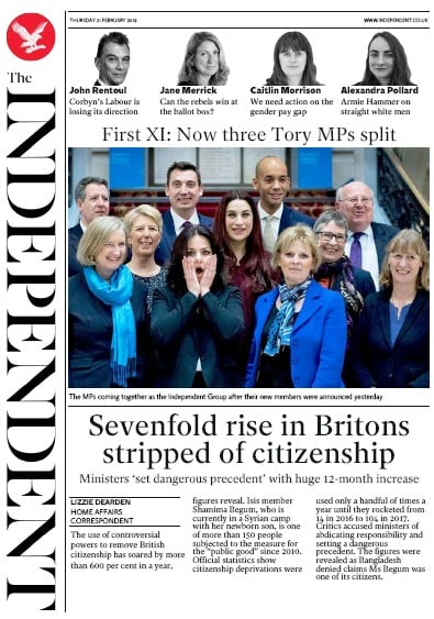 The Independent Newspaper Front Page (UK) for 22 February 2019