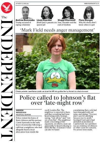 The Independent Newspaper Front Page (UK) for 22 June 2019