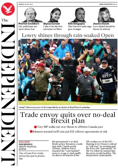The Independent Newspaper Front Page (UK) for 22 July 2019