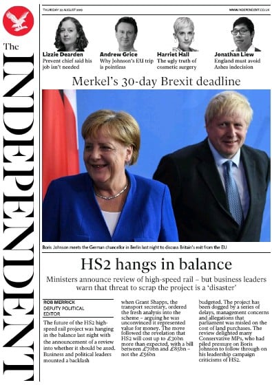 The Independent Newspaper Front Page (UK) for 22 August 2019