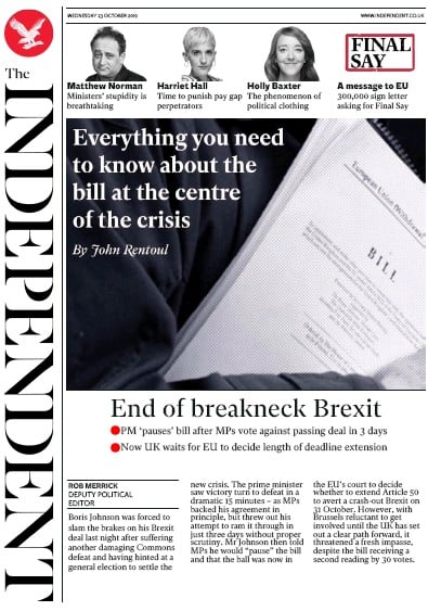 The Independent Newspaper Front Page (UK) for 23 October 2019