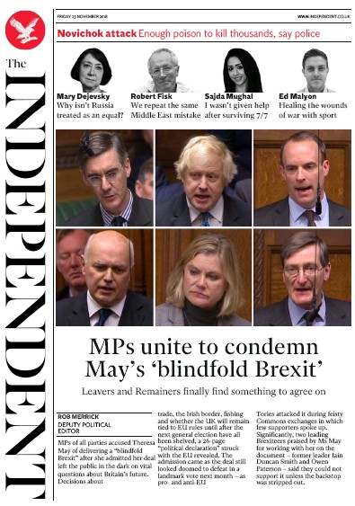 The Independent Newspaper Front Page (UK) for 23 November 2018