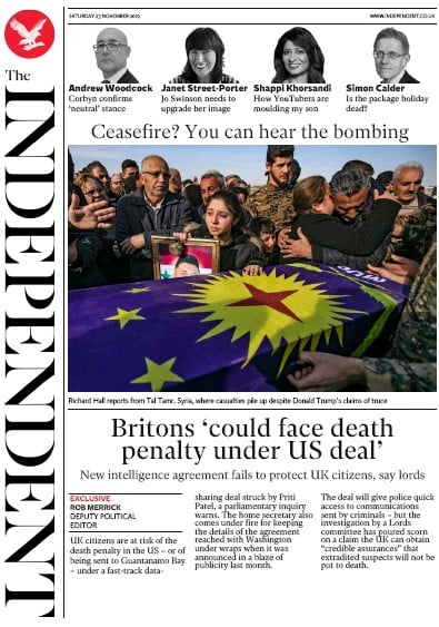 The Independent Newspaper Front Page (UK) for 23 November 2019
