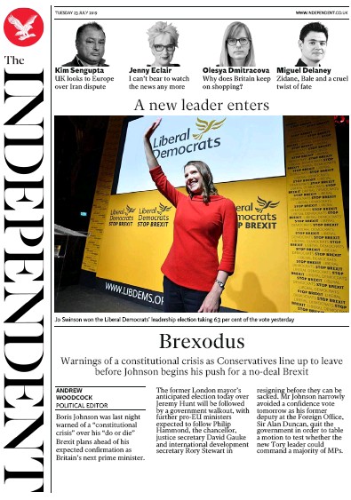 The Independent Newspaper Front Page (UK) for 23 July 2019