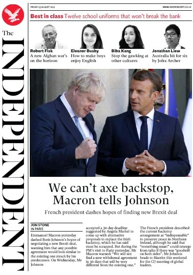 The Independent Newspaper Front Page (UK) for 23 August 2019