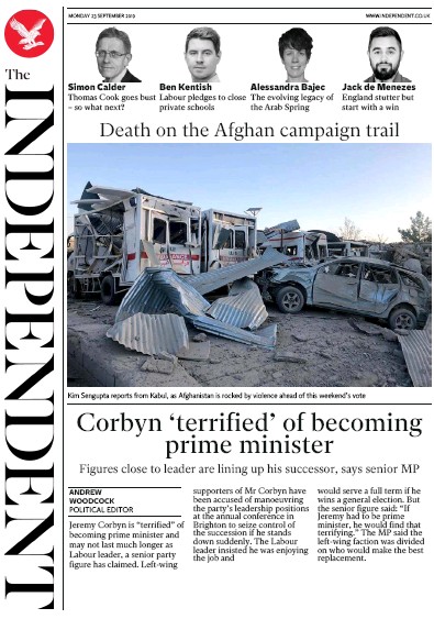 The Independent Newspaper Front Page (UK) for 23 September 2019