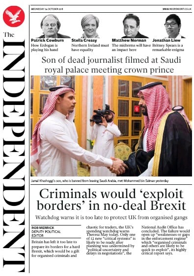 The Independent Newspaper Front Page (UK) for 24 October 2018