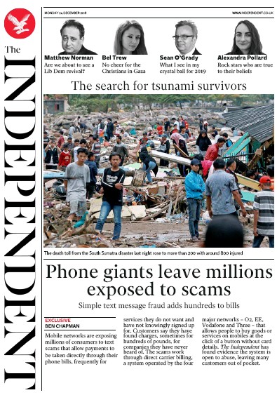 The Independent Newspaper Front Page (UK) for 24 December 2018