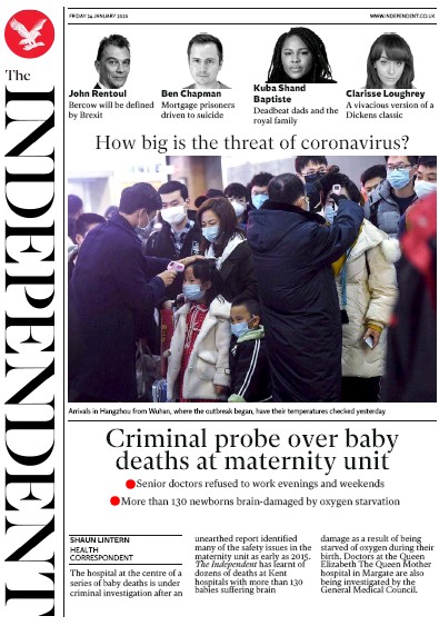 The Independent Newspaper Front Page (UK) for 24 January 2020