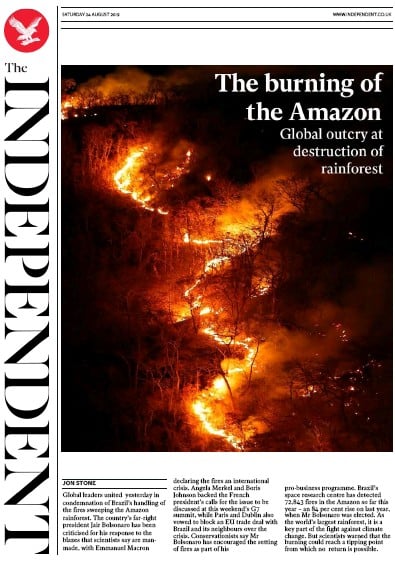 The Independent Newspaper Front Page (UK) for 24 August 2019